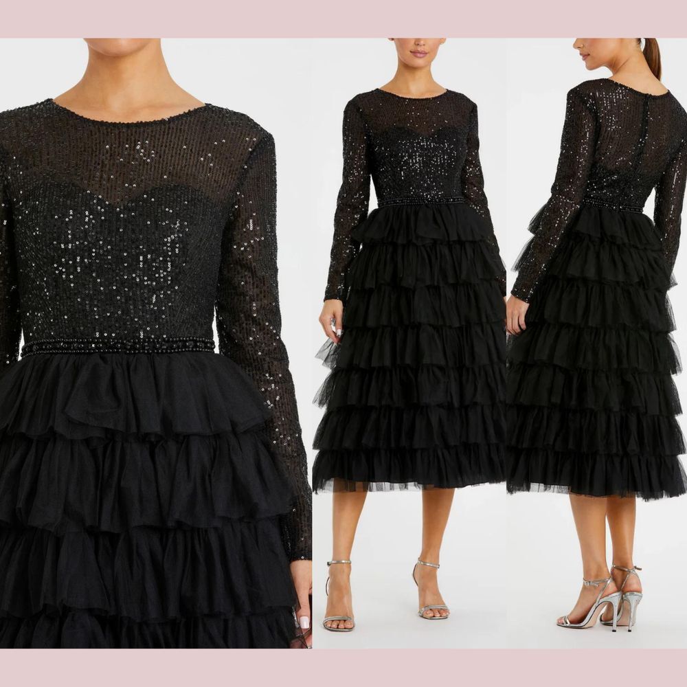 NWT IEENA Mac Duggal [ 8 ] 26299 Long‎ Sleeve Ruffle Tiered Midi Dress BLACK